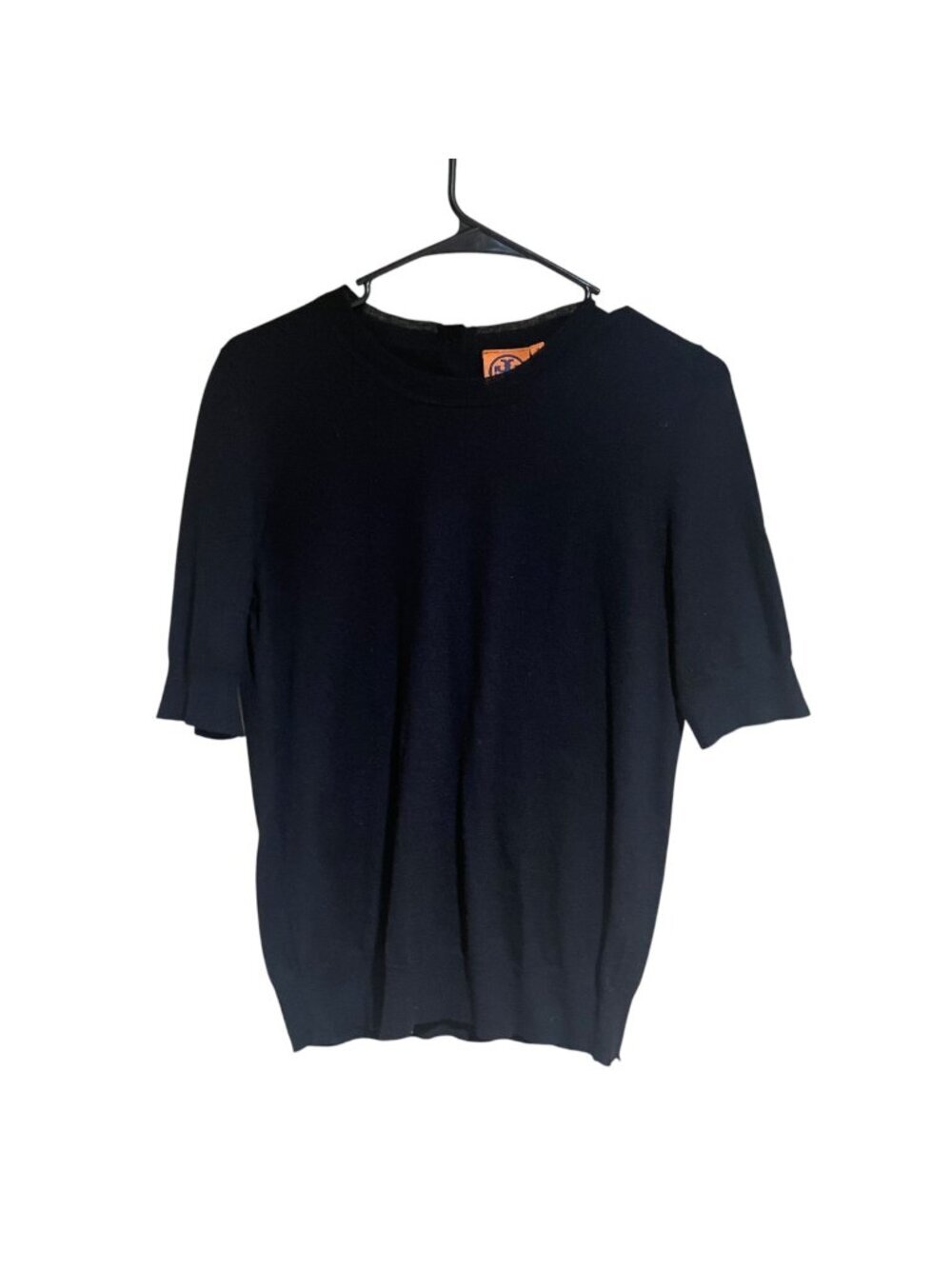 tory Burch short sleeve cashmere sweater with gold embossed button detail on bac